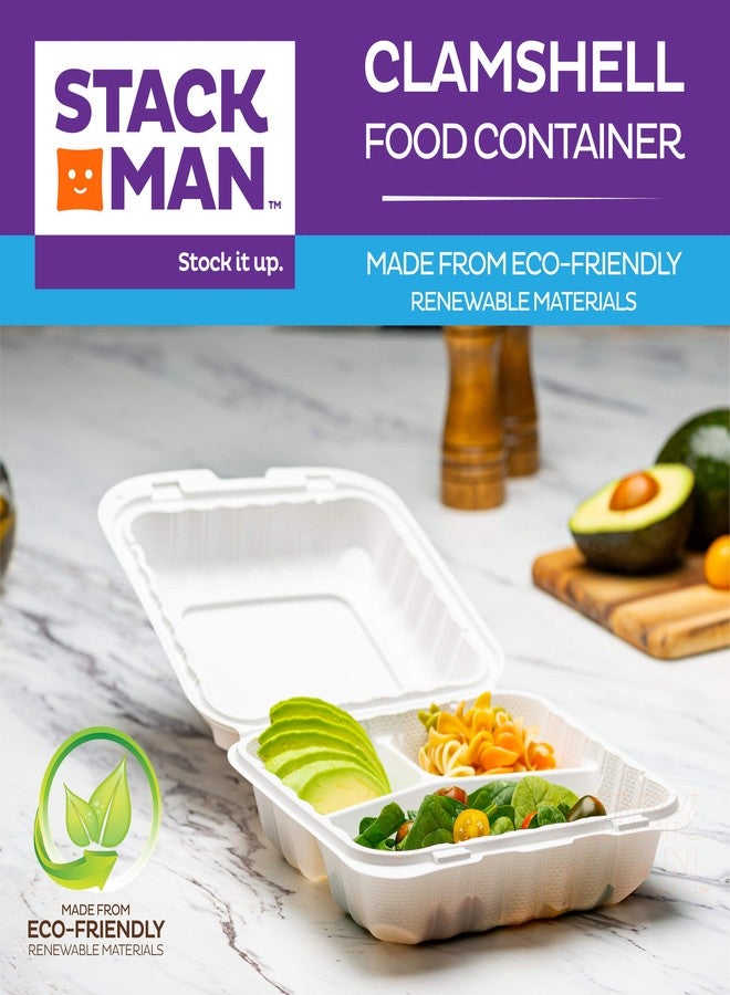 Stack Man Eco-Friendly Meal Prep Containers 3 Compartment [50-Pack 8x8x3"] Disposable to go Clamshell Food Containers Secure Snap Hinged Lid, Microwave Safe Take Out Lunch Boxes, Made from Renewable Materials - Image 2